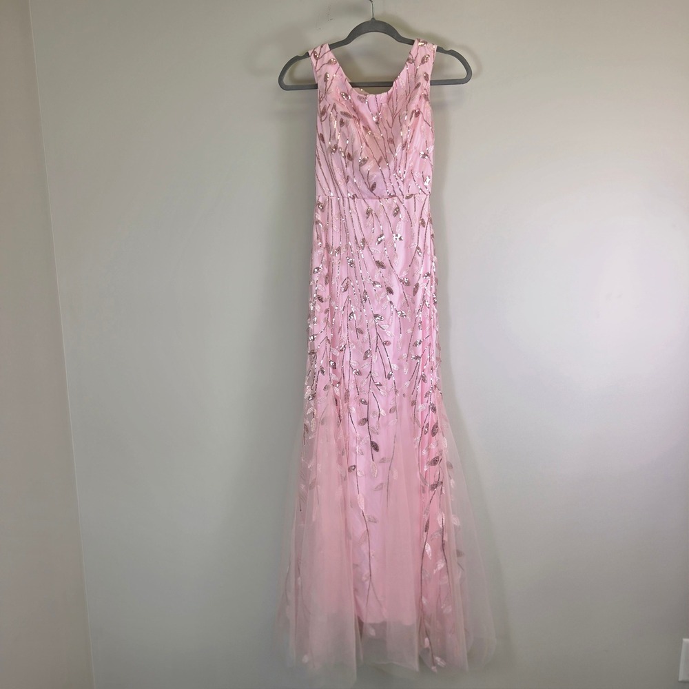 Pink Sequin Leaf Embroidery Tulle Mermaid Gown Sleeveless Formal Dress 4